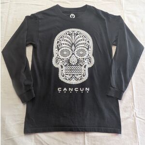 Tropical Relax Cancun Mexico Sugar Skull Graphic Long Sleeve Shirt Black Small